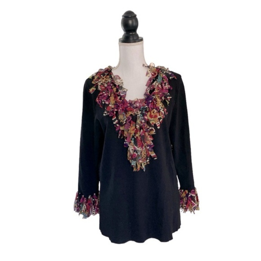 Ruby Rd Multicolor Ruffled V-Neck Line Black Top … - image 1